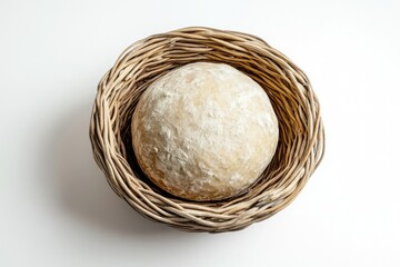 A round loaf of bread, dusted with flour, rests gently in a woven wicker basket.