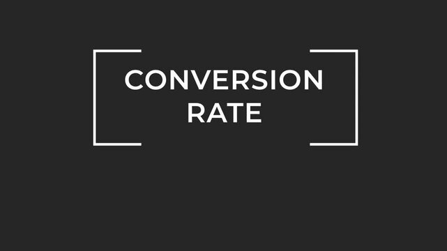 White conversion rate word materializing within white frame against black background, gradually forming from fragmented typography with clean, minimal design aesthetic, conceptual modern stylish minim