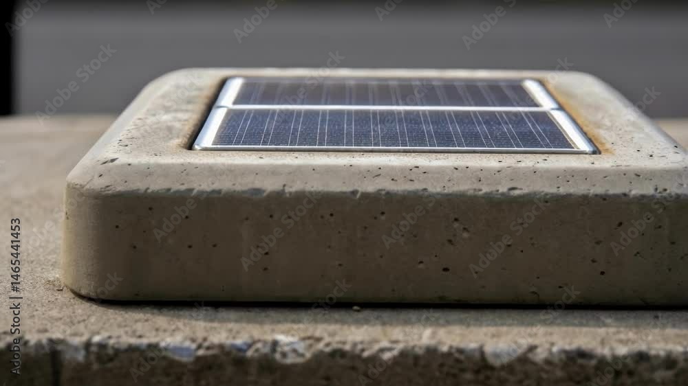 Poster A closeup of a weathered section of smart concrete showing embedded solar cells that allow it to selfsustain and power its connectivity features.