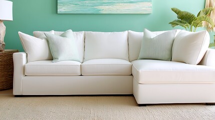 Elegant Living Room Interior with a Stylish White Couch and Fresh Green Accents, Providing a Comfortable Ambiance.