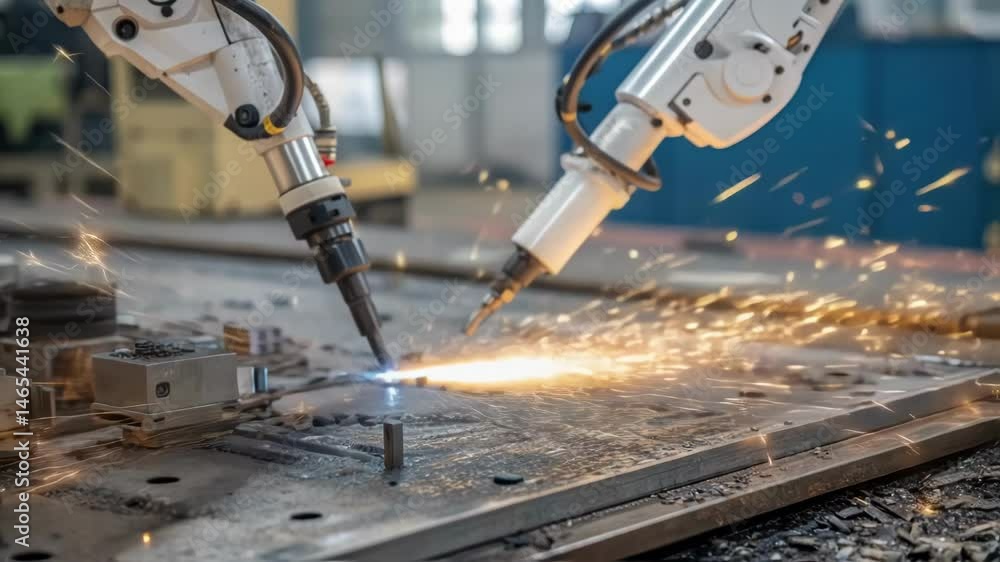 Aufkleber Precision robotic arms wielding plasma cutting technology slicing through metal plate, generating bright sparks while showcasing advanced industrial automation capabilities