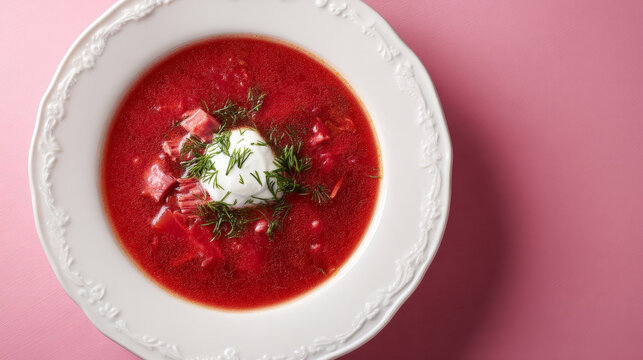 Rich ruby-red borscht crowned with dollop of sour cream, Slavic comfort dish, soulful spoonful for Maslenitsa and culinary nostalgia