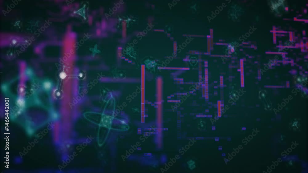 Poster cluster pulsing with neon cyan-magenta bars in 3d render, floating among glitch blocks and nodes