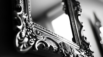 Ornate decorative mirror frame detail in black and white.