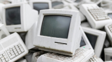 Ancient computer relics rest in jumbled slumber, whispering digital nostalgia of Y2K preparations or eccentric Cyber Monday musings