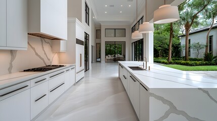 Luxurious kitchen in a dream home with modern design and manicured garden view