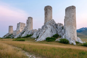Naklejka premium Ancient stone towers bask in twilight's embrace, whispering medieval sagas, echoing Winter Solstice and Lammas traditions