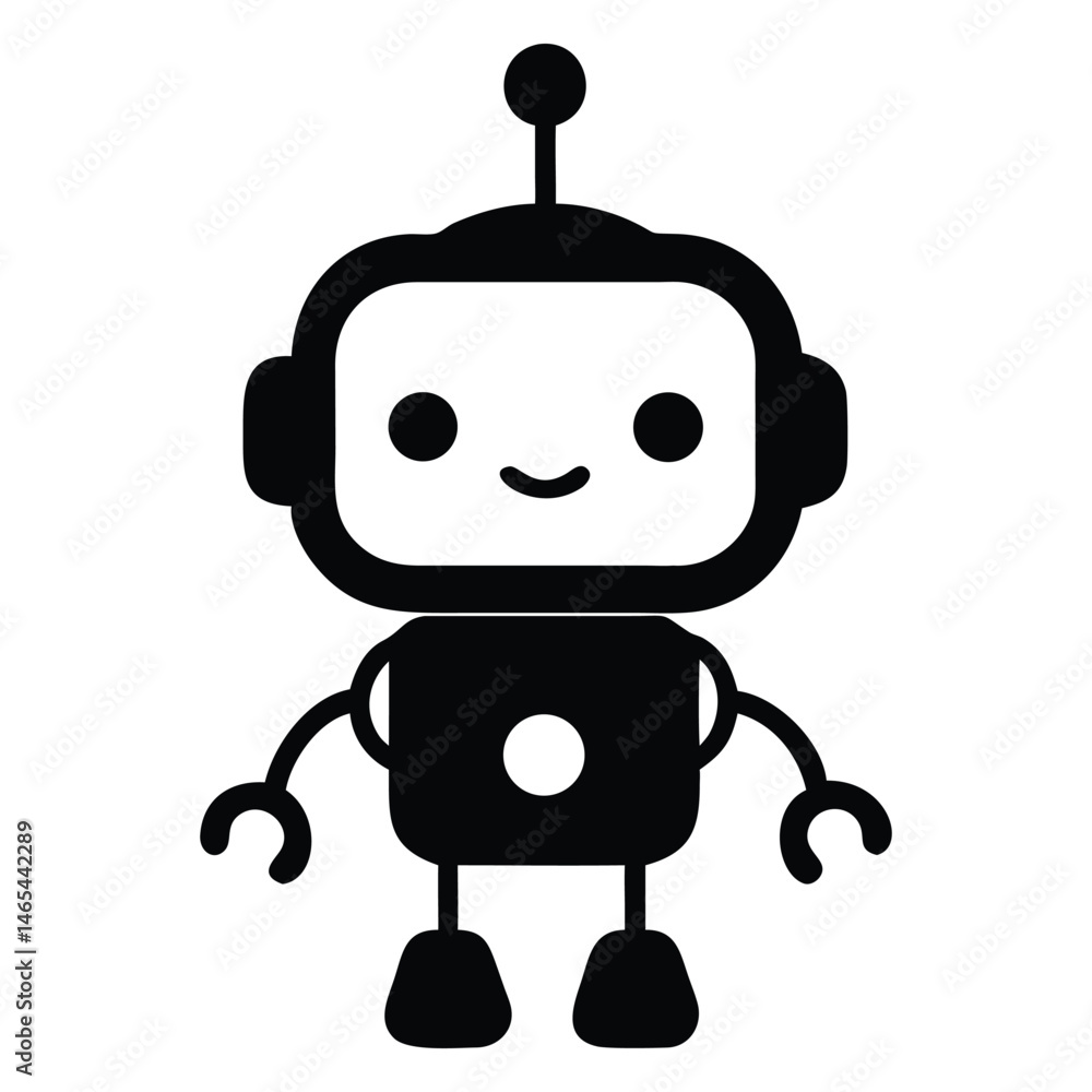 Poster cheerful robot character with antenna stands upright looking forward in a minimalist style