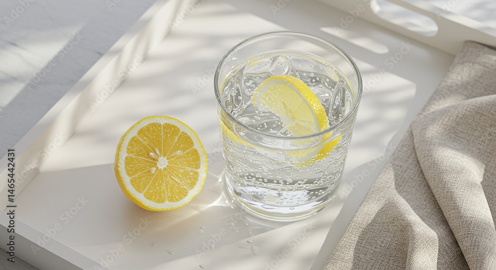 Poster Refreshing sparkling water with lemon slice on white tray