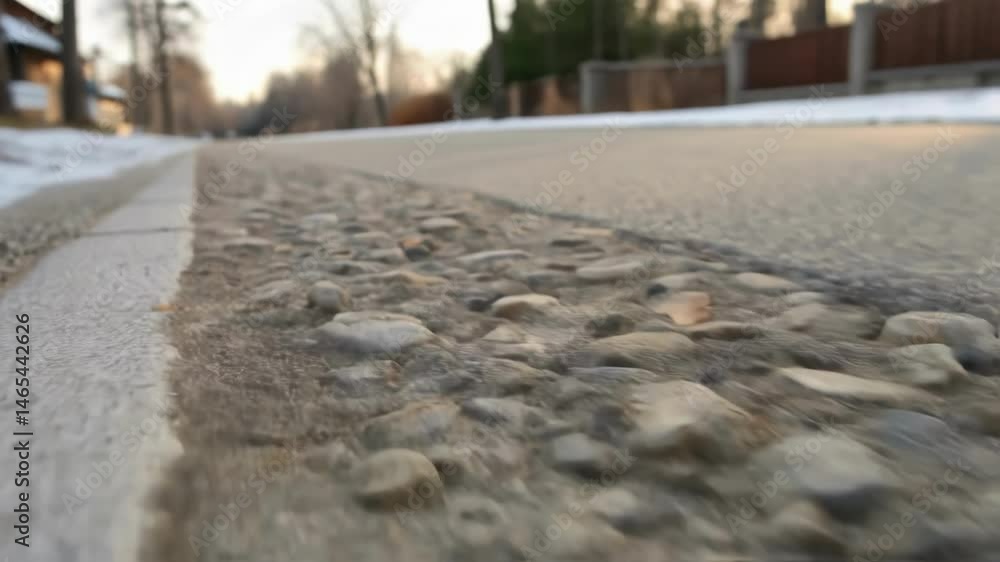 Poster A closeup of gravelinfused paving material with small smooth stones capturing light and warmth demonstrating its function in cold weather environments.