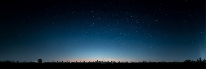 Starry velvet sky blankets distant cityscape at twilight, inviting Eid ul-Fitr reflections and cosmic contemplation moments