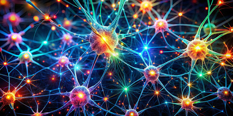 Fototapeta premium Complex network of neurons displays bright, colorful connections, representing synaptic activity in a detailed scientific illustration. The vibrant lights signify communication between cells