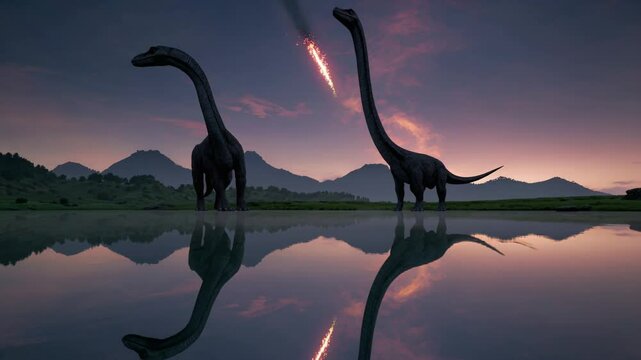 Two brachiosauruses reflected in still lake as fiery meteor streaks across twilight sky

