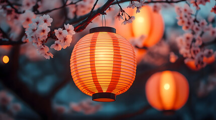 Fototapeta premium Glowing orange paper lanterns hanging on trees, creating a warm ambiance with cherry blossoms