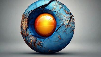 Abstract illustration of cracked blue sphere with gold core - Powered by Adobe