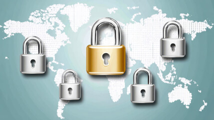 Secure digital locks symbolize protection and privacy global map, emphasizing importance of cybersecurity today interconnected world. golden lock stands out, representing enhanced security
