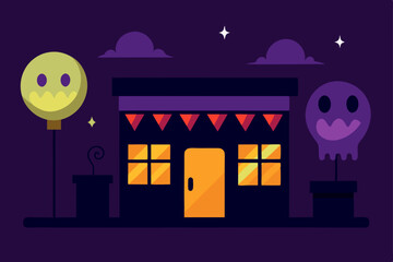 halloween themed storefronts glowing at night 