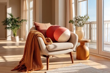 Cozy armchair with round cushions and throw in sunlit living room corner
