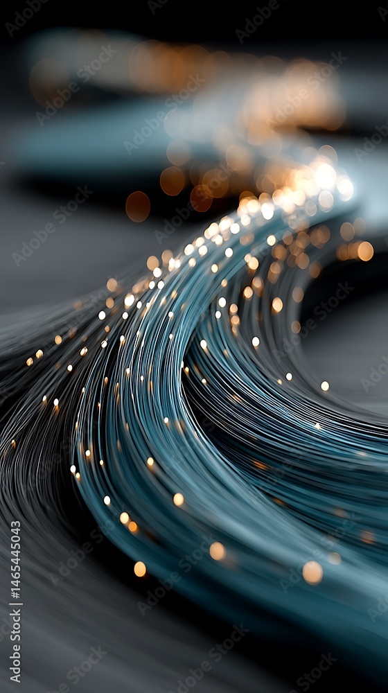 Poster abstract fibers flowing with glowing particles, cyan lines in curving motion