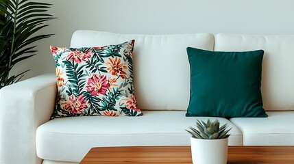 Modern Living Room Interior with Floral Cushion and Teal Pillow on White Sofa for Home Decor Inspiration.