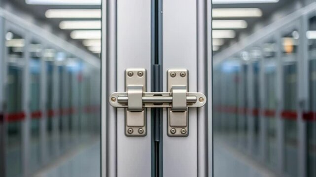 A closeup of the locking mechanism on a movable office unit door illustrating the security features that ensure safety in diverse environments.