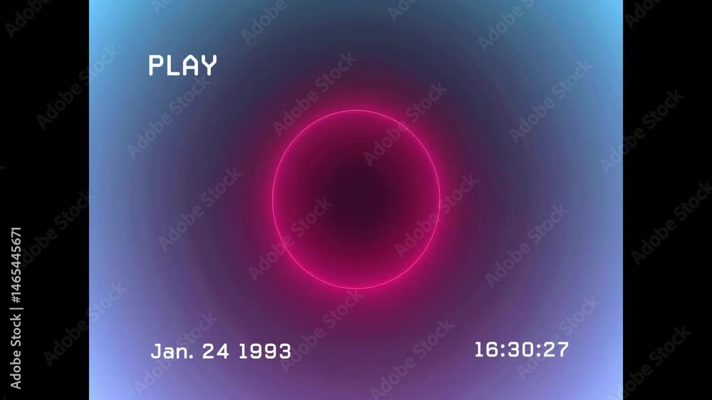 Poster neon blue glowing ring floating on retro vhs style gradient background showing glitchy static lines