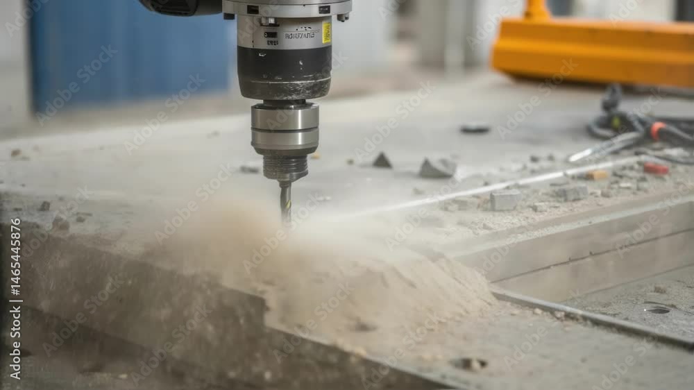 Poster A closeup of the robotic drilling mechanism engaged in a concrete surface with visible vibrations and debris being expelled emphasizing the power of modern automation in
