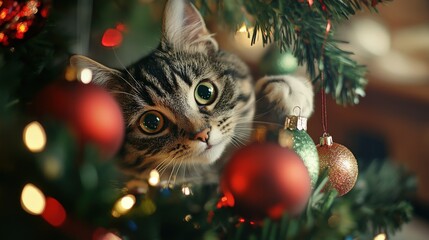 Playful tabby cat explores a festive Christmas tree.