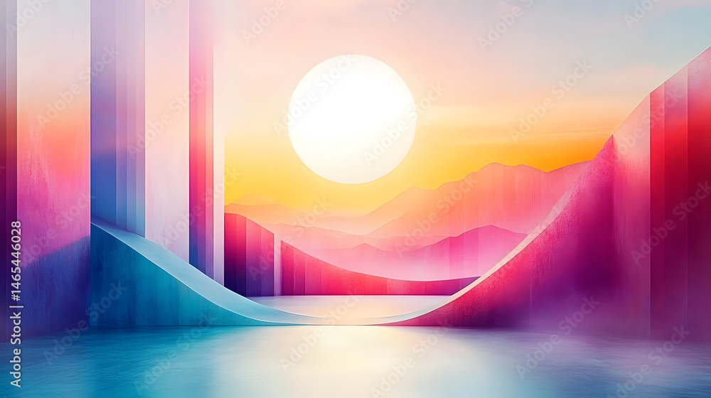 Poster abstract colorful landscape image with geometric shapes.