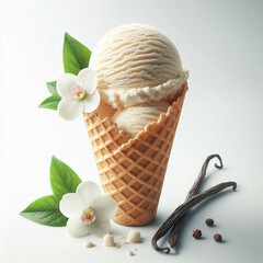 Vanilla ice cream with vanilla flowers and fruits, waffle cup, white background.