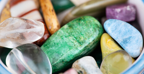 Colorful mineral crystal stones close-up. Gemstone jewelry background.