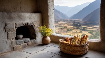 Andean adobe kitchen with woven basket of maize, clay oven and view over terraced mountain valley in soft light