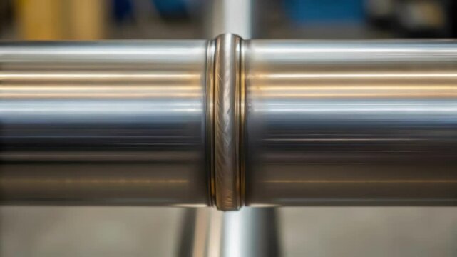 A closeup of the welding seam on a completed pipe joint focusing on the smooth even bead of weld material and the distinct metallic texture contrasting with the raw surfaces of the