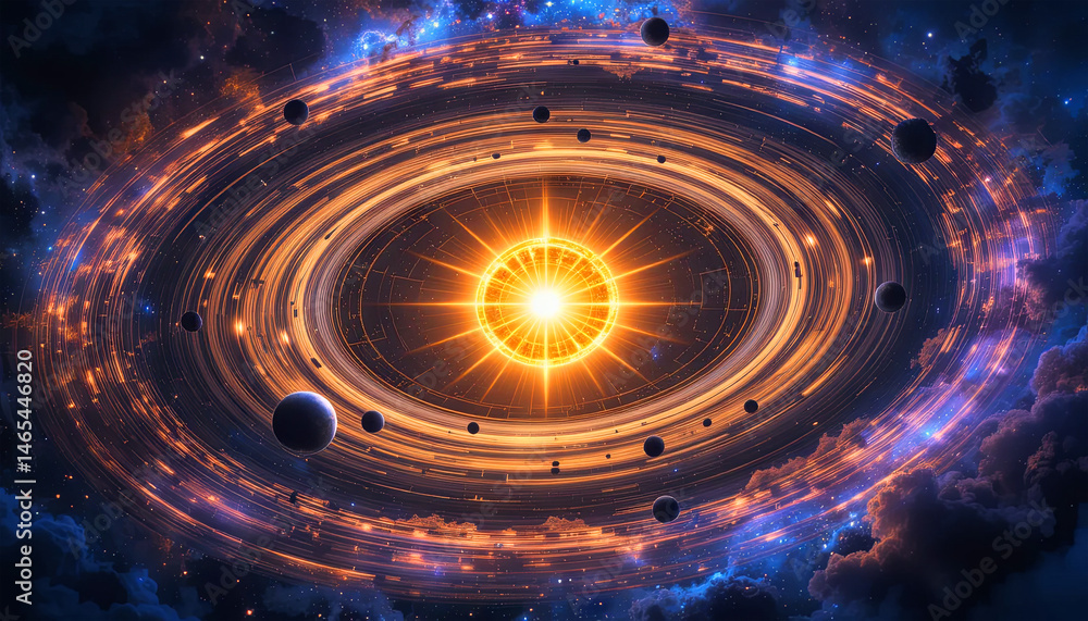 Poster a luminous star shines at the center of a swirling cosmic design, surrounded by various planets each