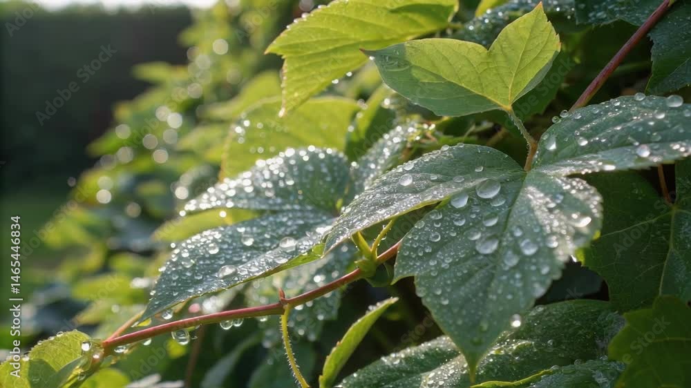 Poster a closeup of water droplets clinging to the leaves of a climbing vine highlighting the interplay of 
