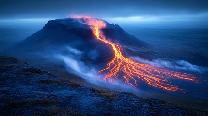 Fototapeta premium Molten rock flows from a mountain peak at dawn.