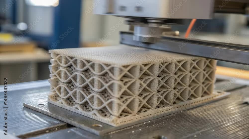 Aufkleber A closeup on a 3Dprinted construction component made from nanoaugmented material displaying intricate layer patterns that optimize strength while minimizing weight.