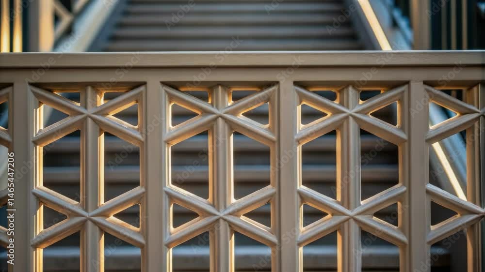 Poster A closeup perspective of a robust 3Dprinted stair railing with geometric outs demonstrating the interplay of light and shadow through the open sections giving it a modern feel.
