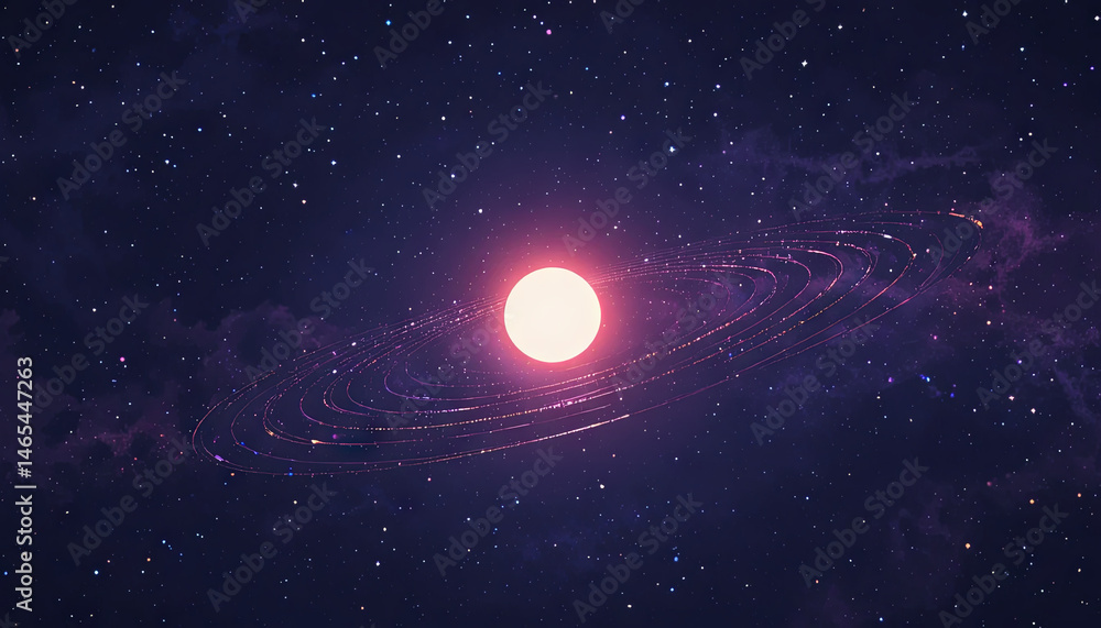Poster a luminous star is at the center, enveloped by colorful rings and set against a backdrop filled with