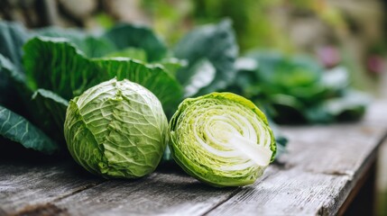 Fototapeta premium head of cabbage cut in half on wooden board near cabbage bed, soft natural light, garden detail, rural mood