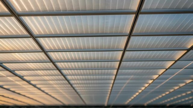 A closeup shot capturing the texture of the solar shading film layered within the transparent roofing displaying a subtle gradient that alters light tration and enhances ambiance.