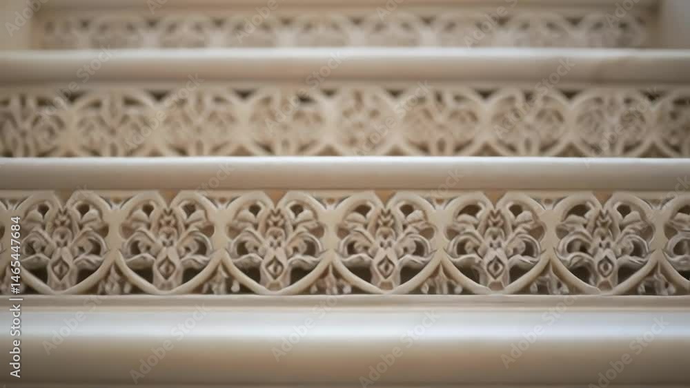 Poster a closeup shot of a 3dprinted stair railing featuring intricate lacelike patterns with soft focus on