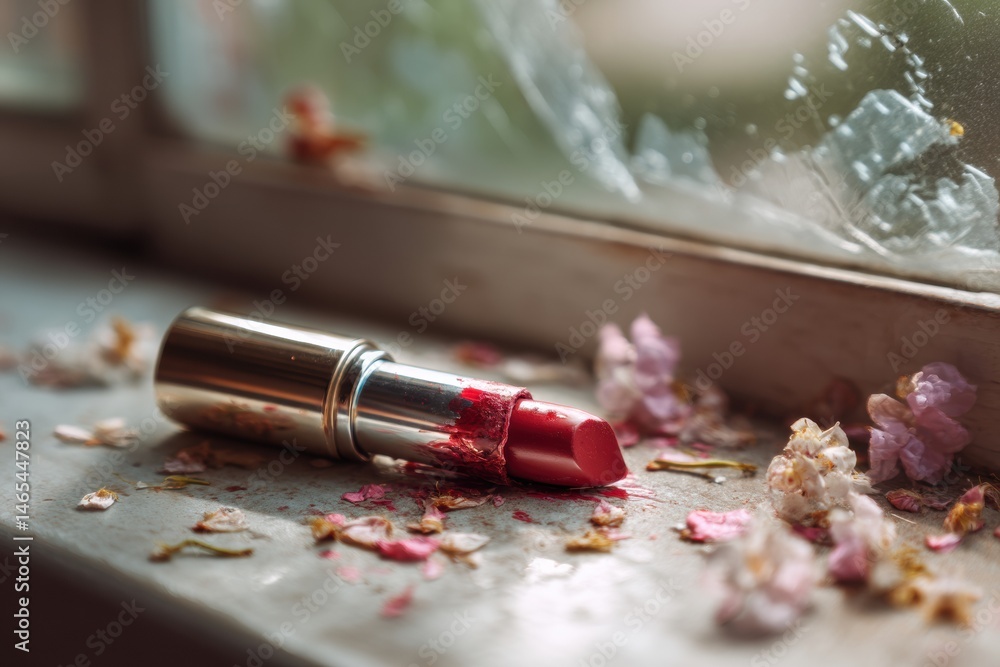 Poster melted lipstick rests on a warm windowsill surrounded by delicate flower petals in soft morning ligh