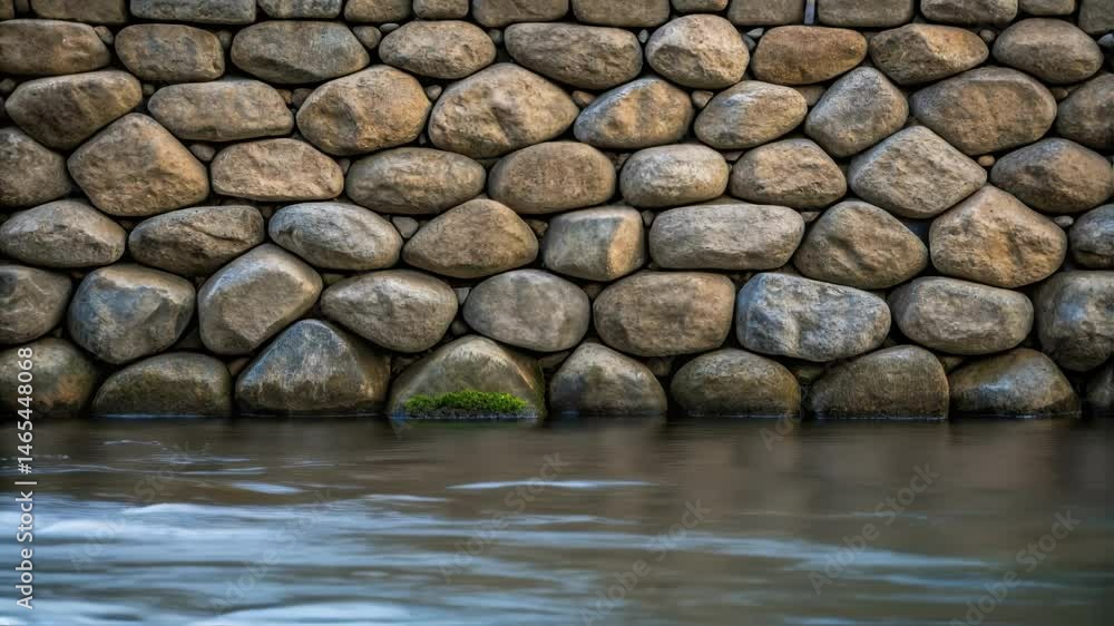 Poster a closeup shot of strategically p rock riprap alongside a waterway illustrating the interlocking nat