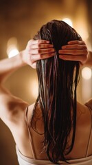 long wet hair draping down back, hands applying herbal hair mask, warm natural spa light and soft focus