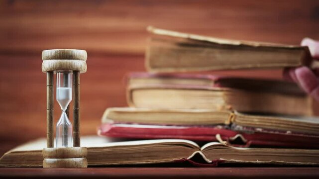 Hand puts a book on the books next to an hourglass in the library. Education, learning and exam concept.