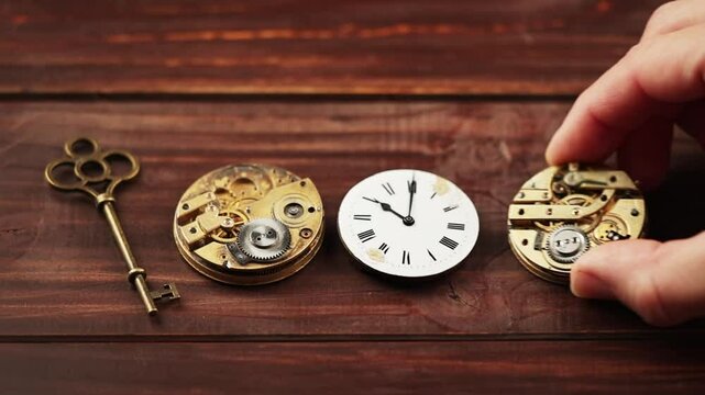 Gold key with clocks. Escape room game and solution concept.