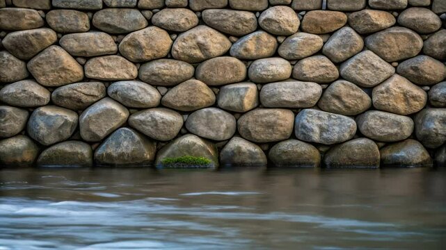 A closeup shot of strategically p rock riprap alongside a waterway illustrating the interlocking nature of the stones designed to withstand flowing water pressure and act as a
