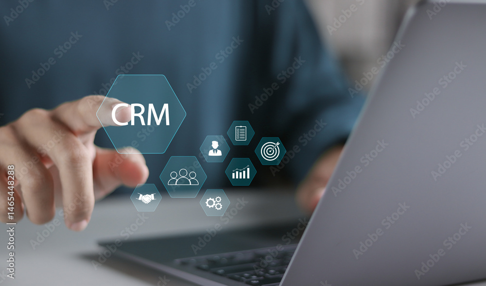 Poster customer relationship management software concept. crm for sales, marketing and customer support. pe