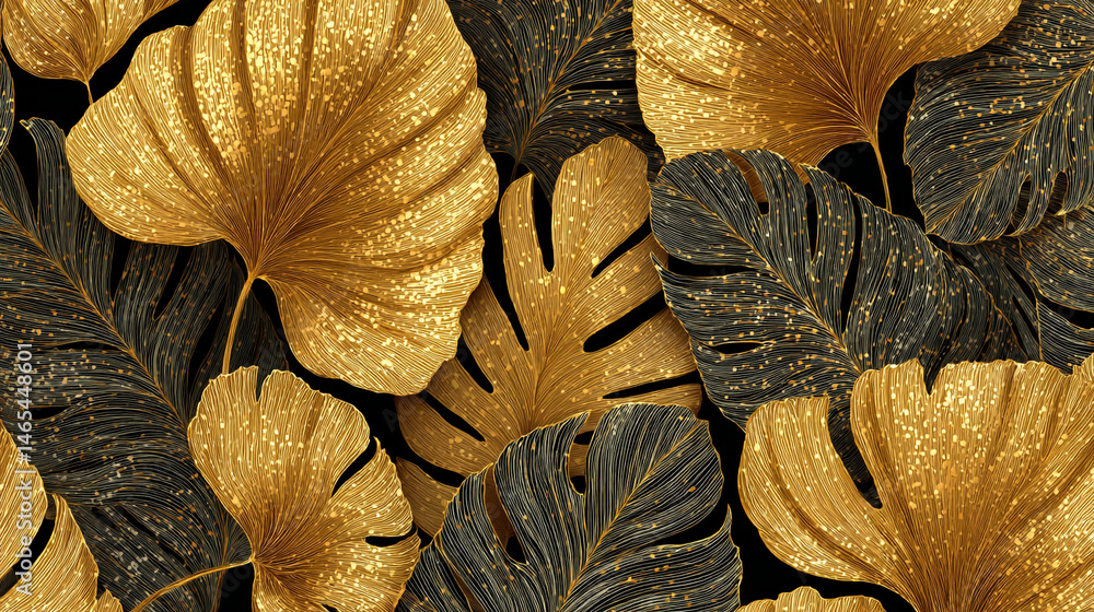 Poster a detailed close up of golden and dark leaves with intricate patterns on a black background design e
